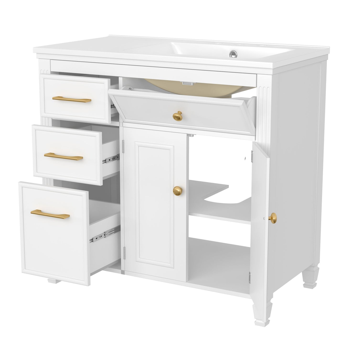 Bathroom Vanity With Sink, 1 Tip Out Drawer, 3 Side Drawers, Adjustable Shelf