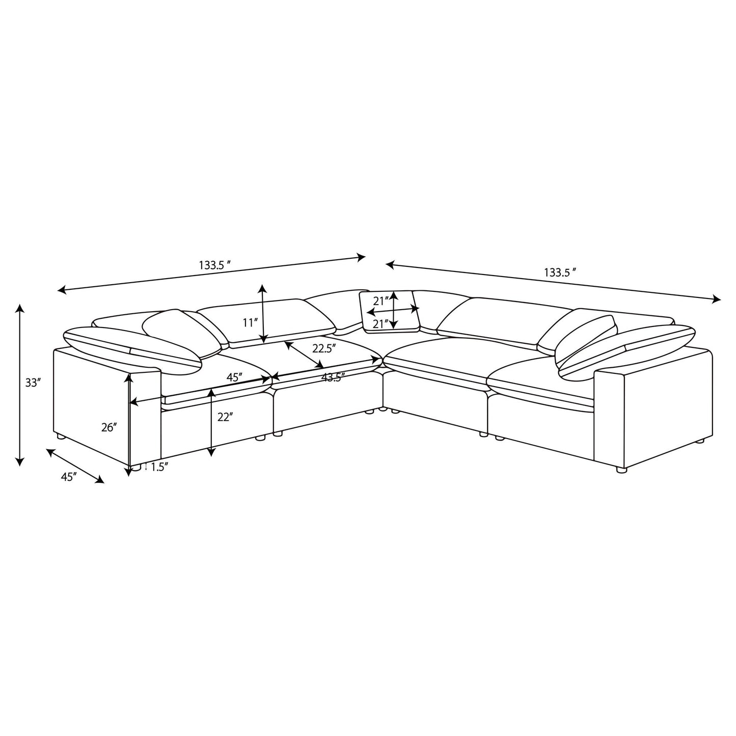 Segoura - 5 Piece Upholstered Modular Sectional With Reclined Back Pillows - Gray