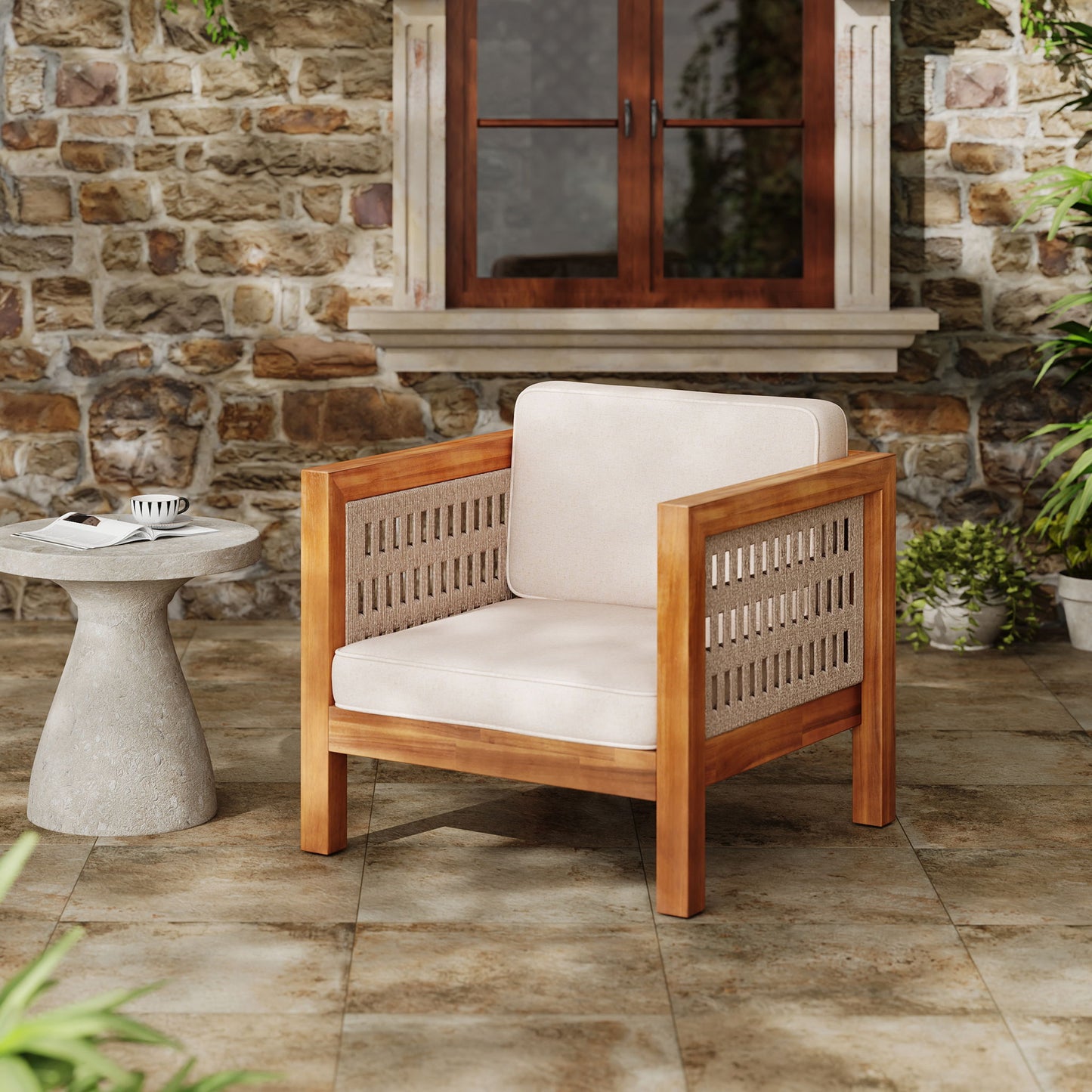 Outdoor Club Chair & Rope Arm And Cushions