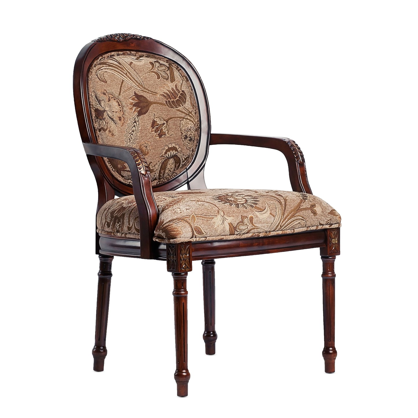 Bernice - Oval Back Chair With Floral Carvings - Brown / Beige Gray