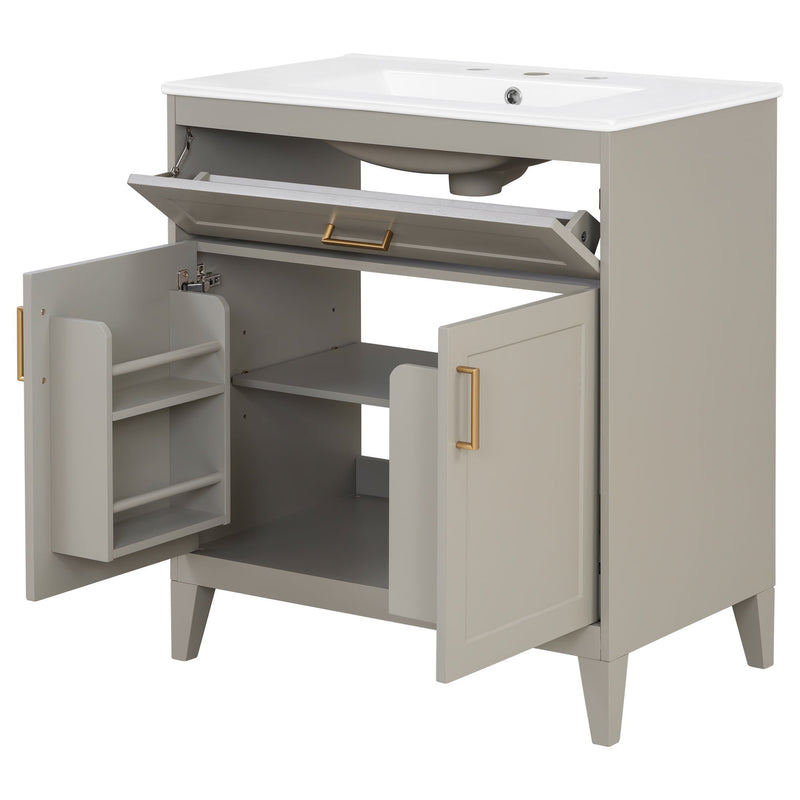 30" Bathroom Vanity With Sink Top, Soft Close Double Doors & Tip Out Drawer, Adjustable Interior Shelf, Door Mounted Organizers - Beige