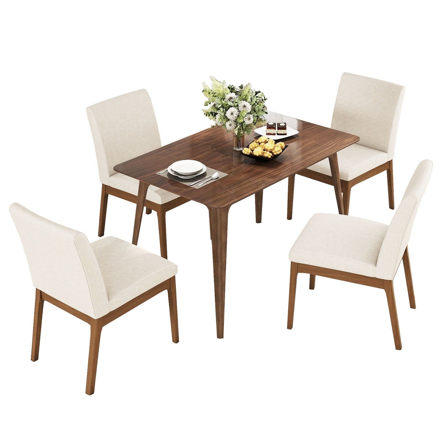 5 Piece Dining Set With Table And Upholstered Chairs - Light Beige / Walnut