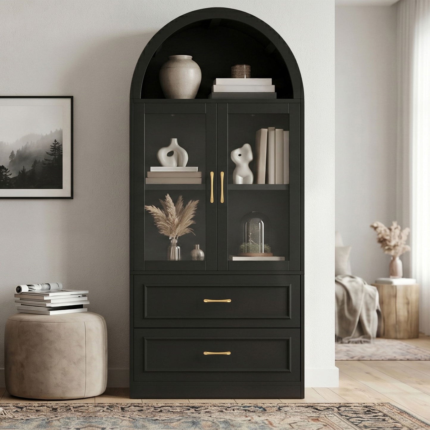 Arched Top Storage Cabinet With Fixed 2 Tier Shelves, 2 Large Drawers