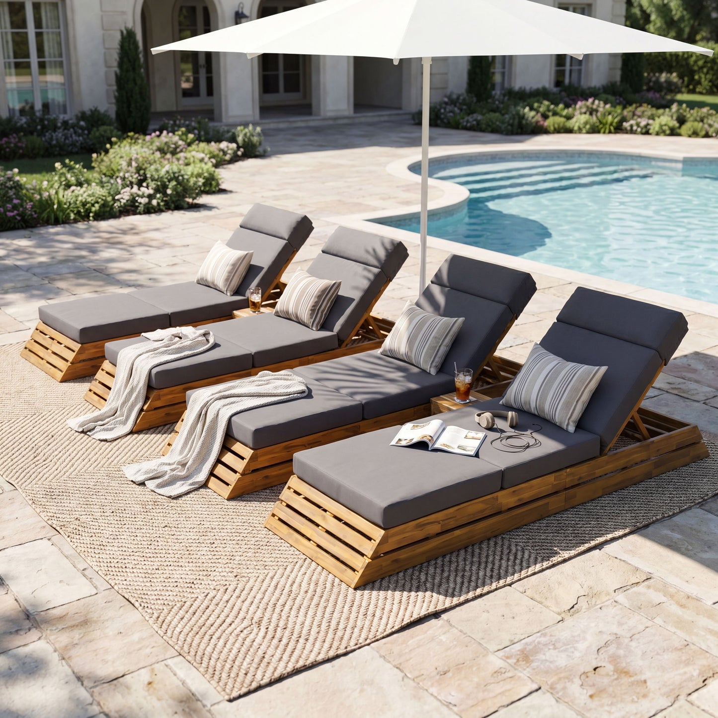 Chaise Lounge Set With 4 Fold Cushion And Built In Headrest