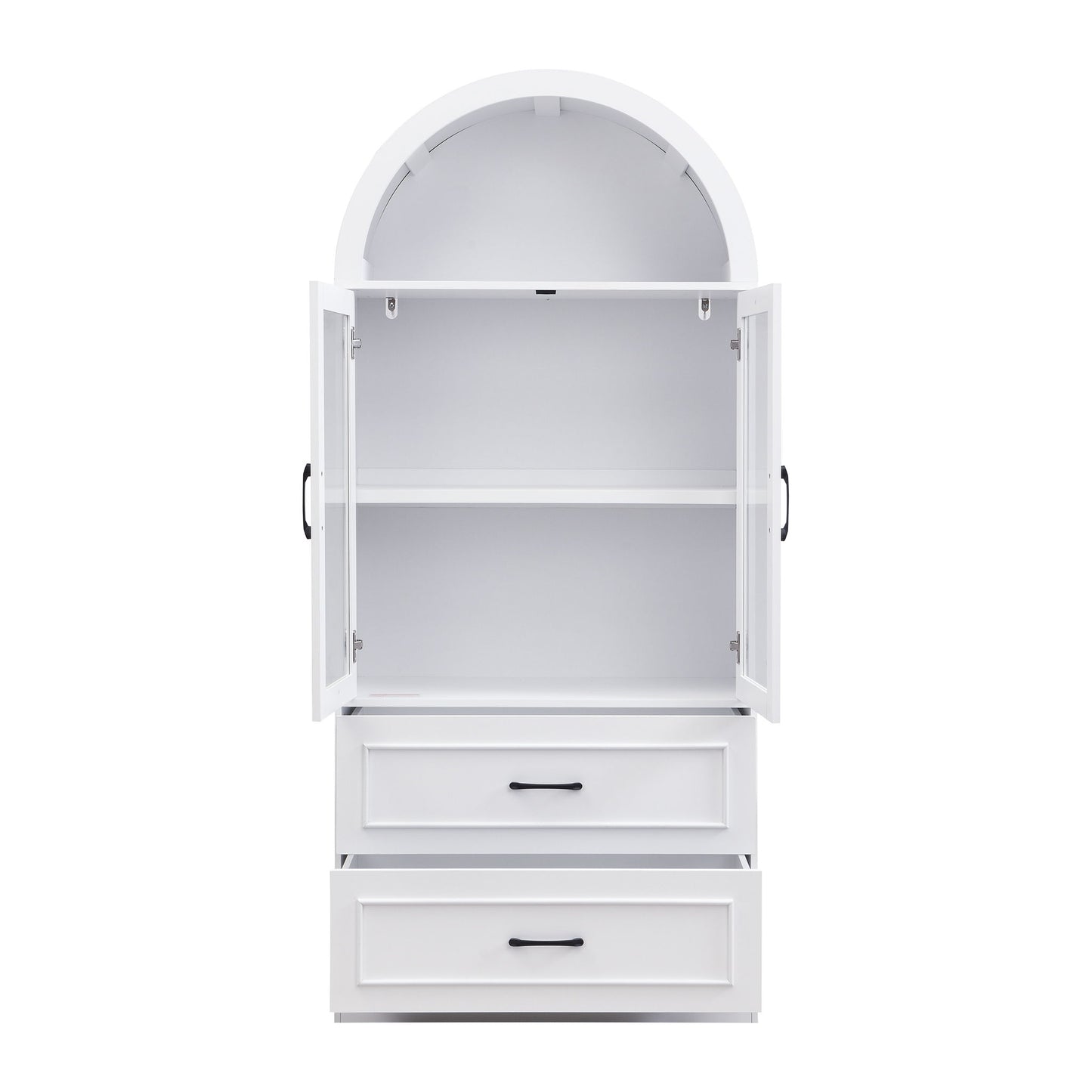 Arched Top Storage Cabinet With Fixed 2 Tier Shelves, 2 Large Drawers