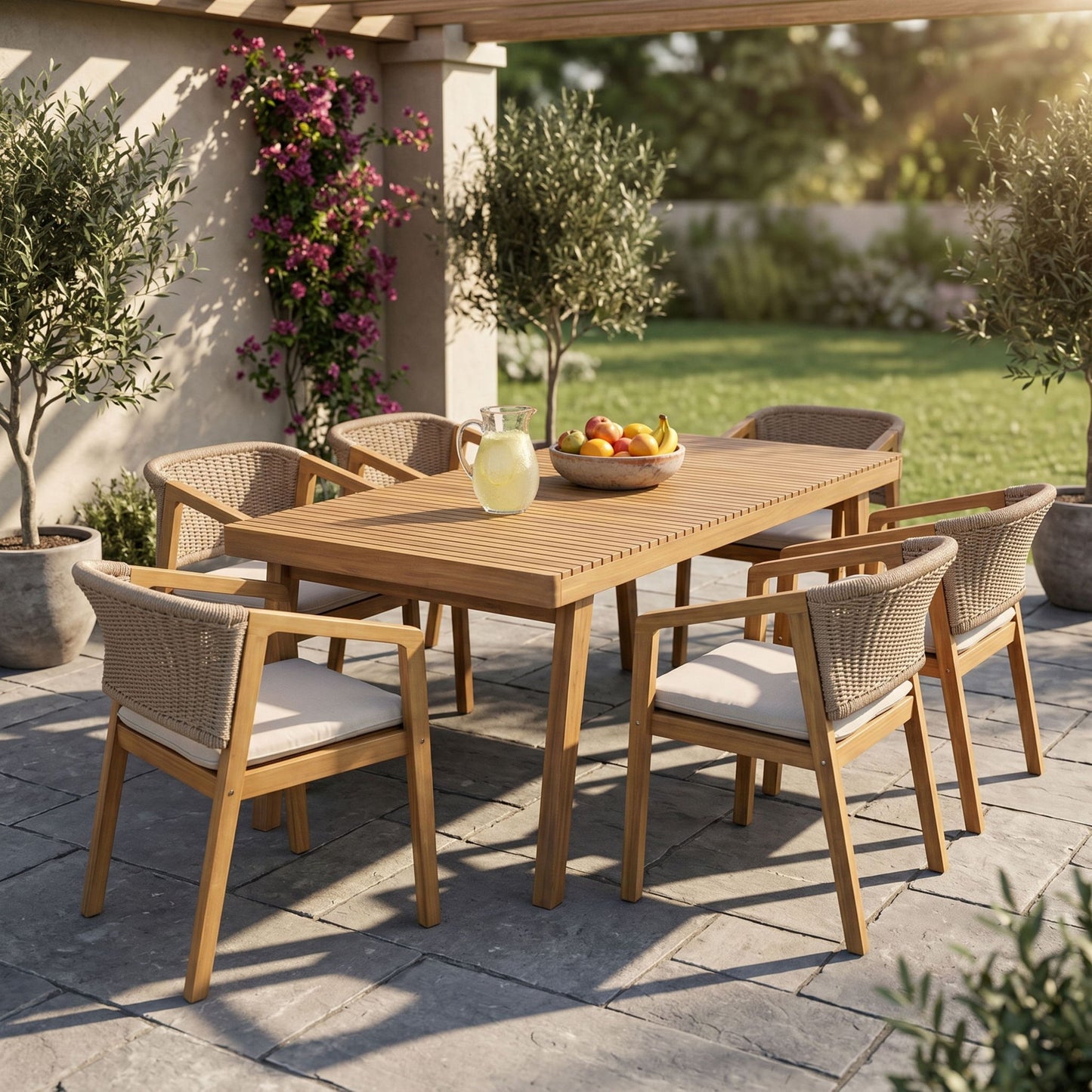 7 Piece Outdoor Dining Set With Rectangular Table And 6 Arm Chairs - Beige / Brown / Brown Mix / Light Teak