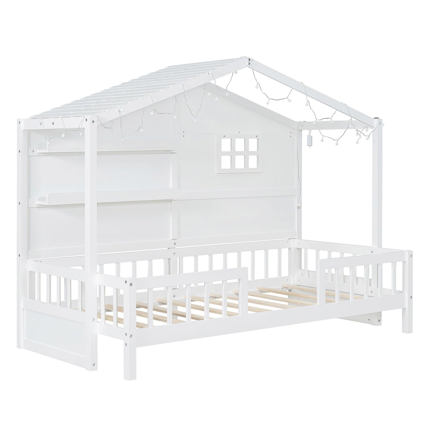 House Bed With Shelves, Window And Sparkling Light Strip On The Roof