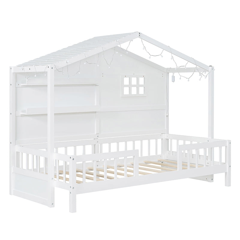 House Bed With Shelves, Window And Sparkling Light Strip On The Roof