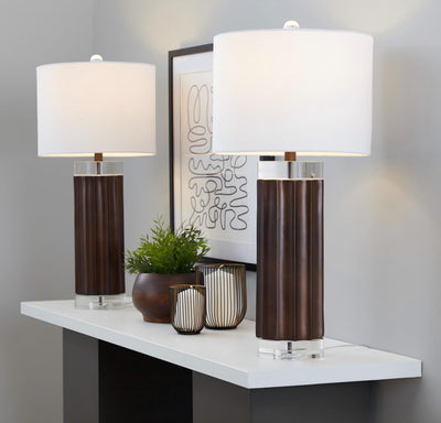 Cylinder - Fluted Contemporary Table Lamp (Set of 2) - Brown / Clear / White