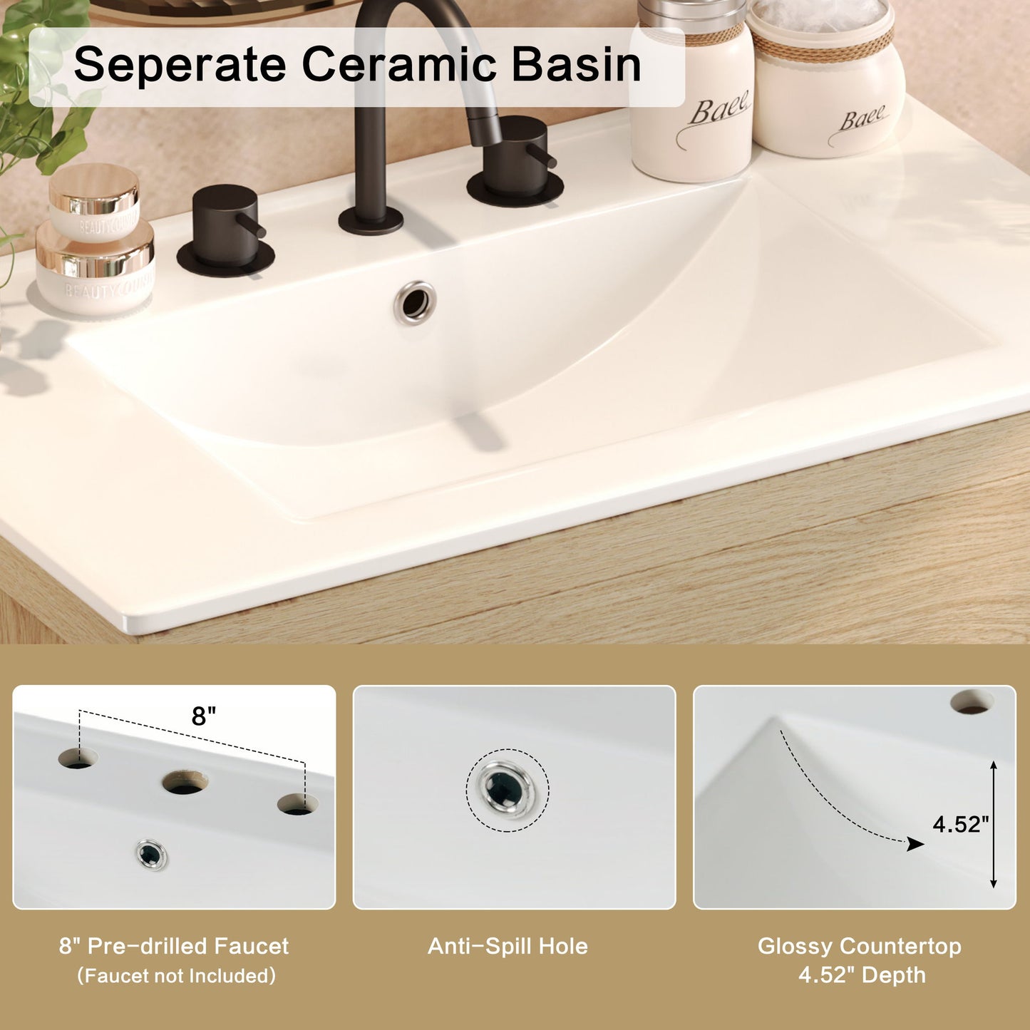Freestanding Bathroom Vanity With Ceramic Sink, 2 Full Extension Drawers