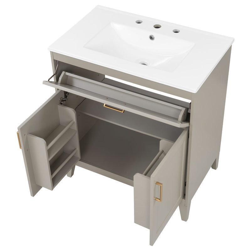 30" Bathroom Vanity With Sink Top, Soft Close Double Doors & Tip Out Drawer, Adjustable Interior Shelf, Door Mounted Organizers - Beige