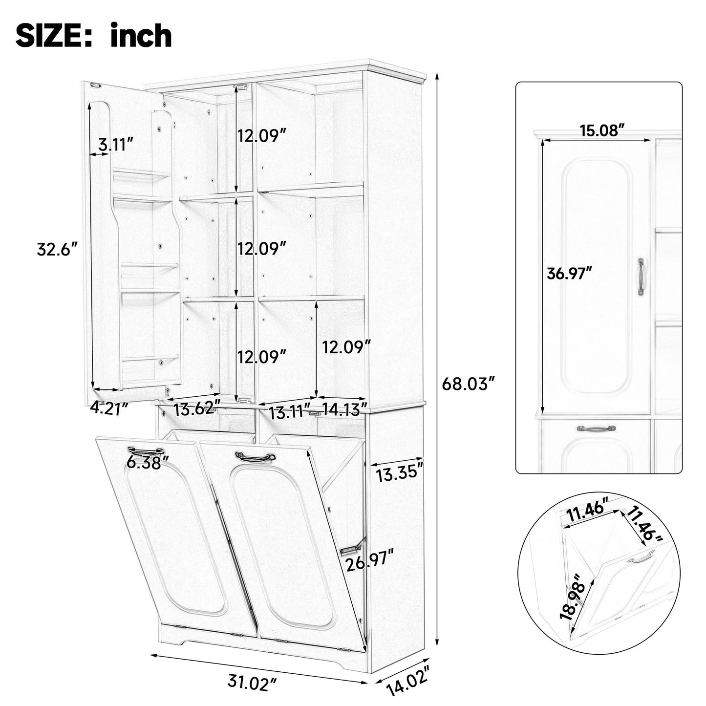 Freestanding Tall Storage Cabinet With 2 Tilt Out Hampers