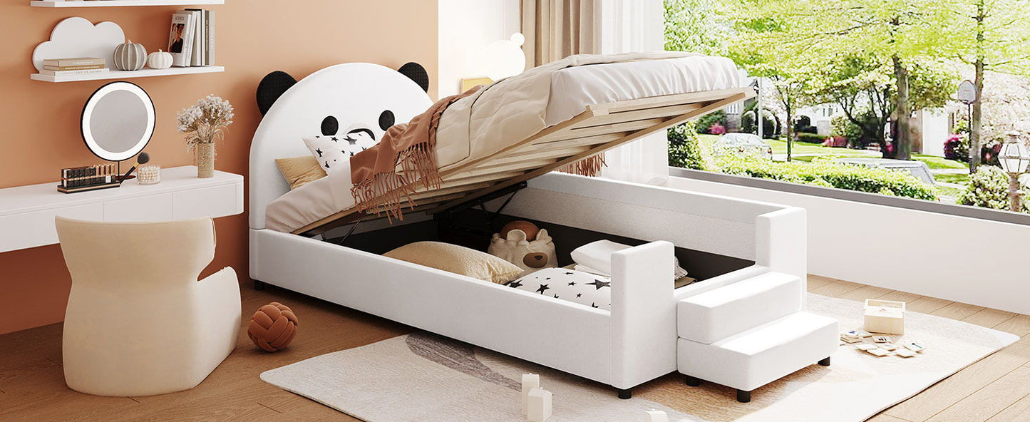 Upholstered Daybed With Bear Shaped Headboard, Hydraulic System And Breathable Fence