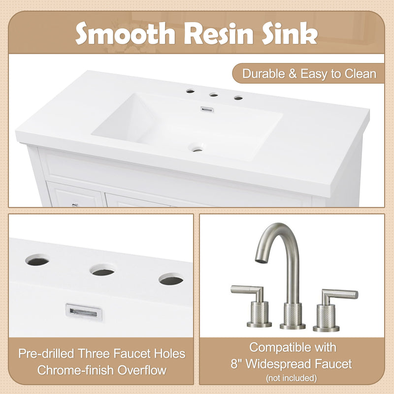 Bathroom Vanity & Sink, 6 Soft Close Drawers & Double Doors - White