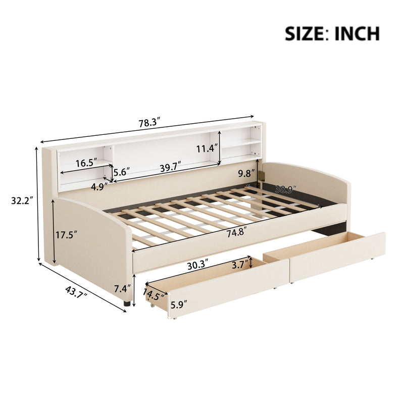 Twin Size Luxurious Upholstered Platform Bed With Storage Drawers - Beige
