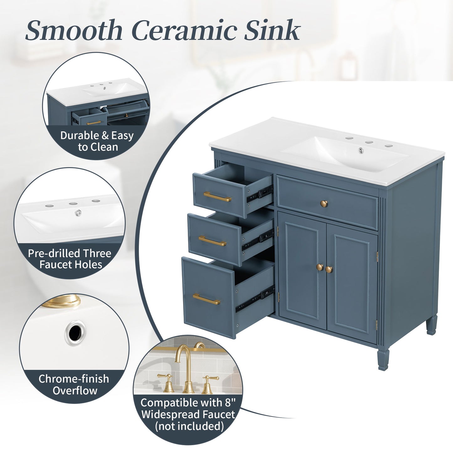 Modern Bathroom Vanity With Ceramic Sink, Freestanding, One Tip Out Drawer, 3 Side Drawers, Adjustable Shelf