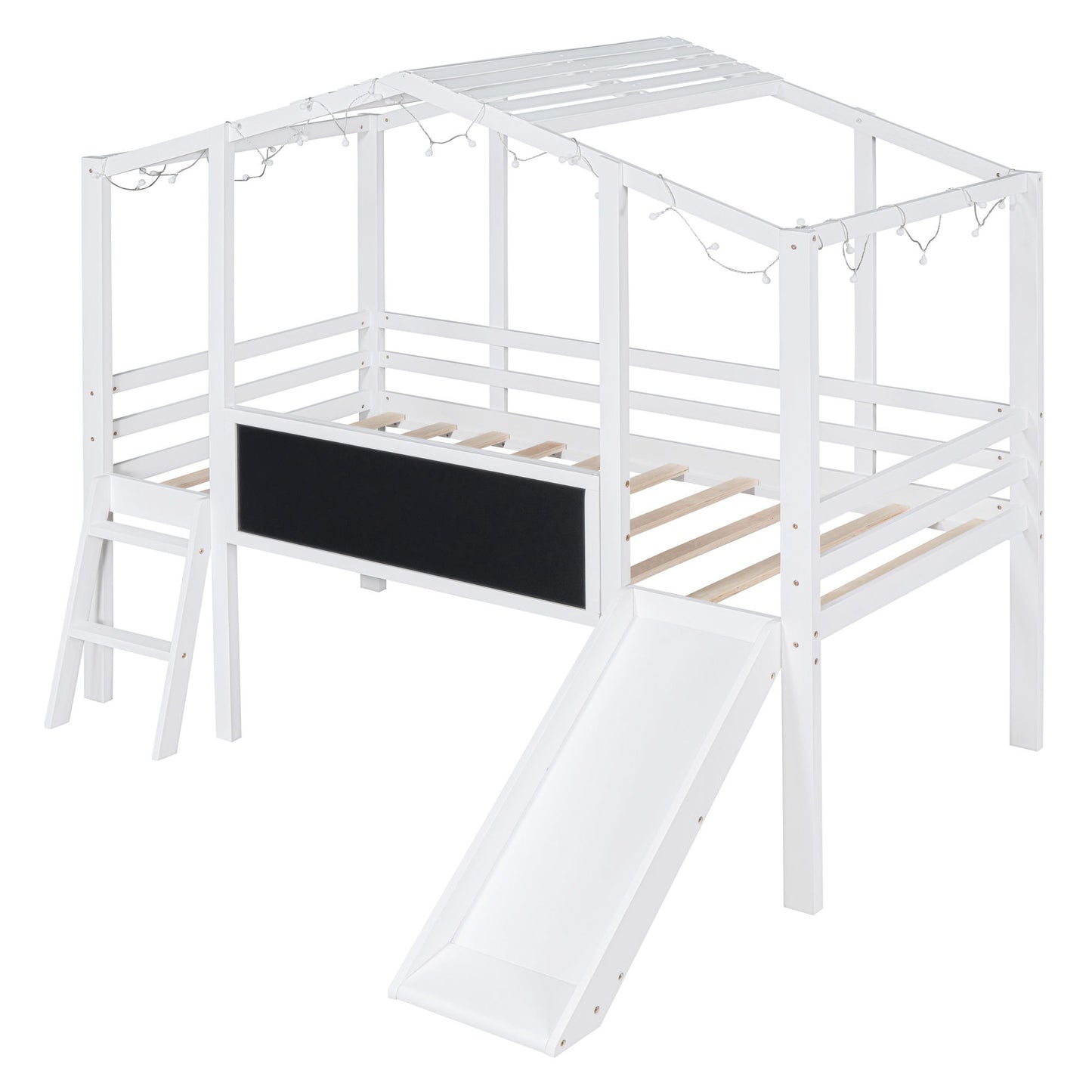 Loft House Bed With Ladder And Slide, With board And Light Strip On The Roof