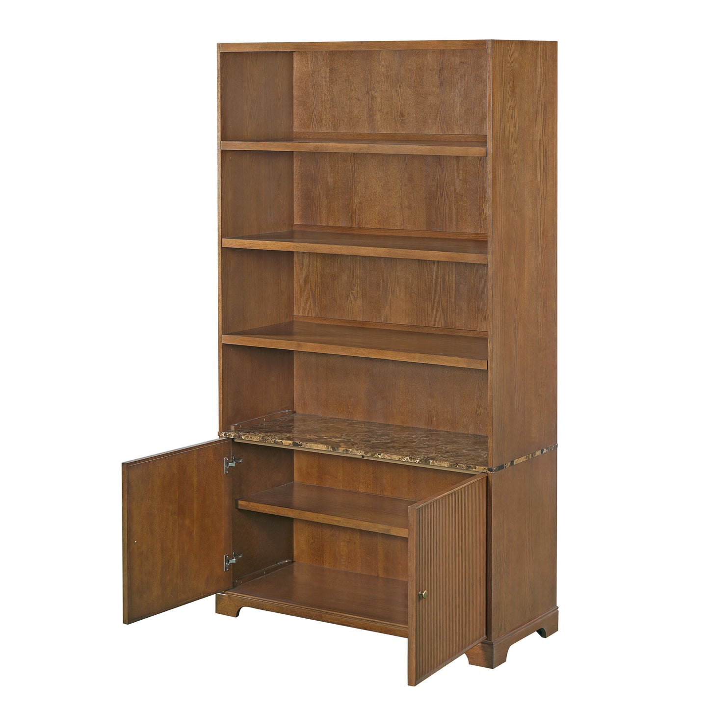 Tall Bookcase Storage Cabinet With 3 Open Shelves & Fluted Double Doors
