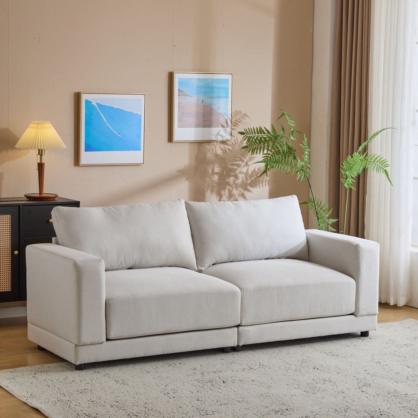 Modern Square Arm Sofa With Soft Fabric Upholstery, Deep Cushions