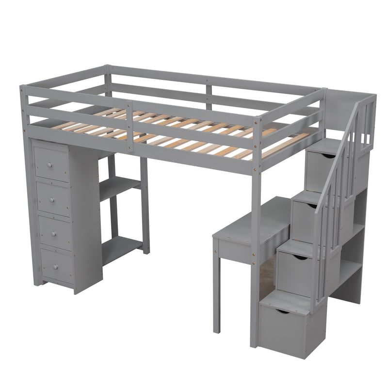 Loft Bed With Storage Drawers, Desk And Stairs With Shelves