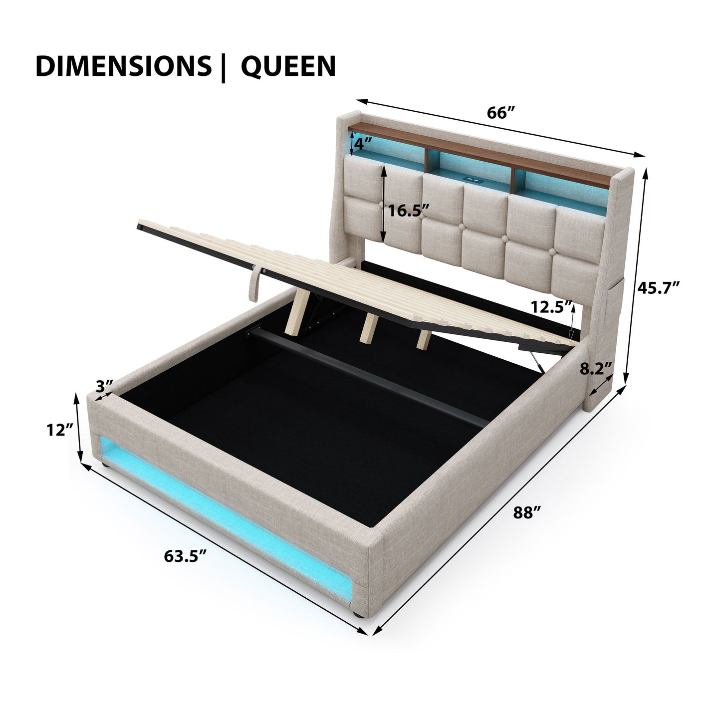 Platform Bed With Hydraulic Storage, LED Lighting & Charging Station
