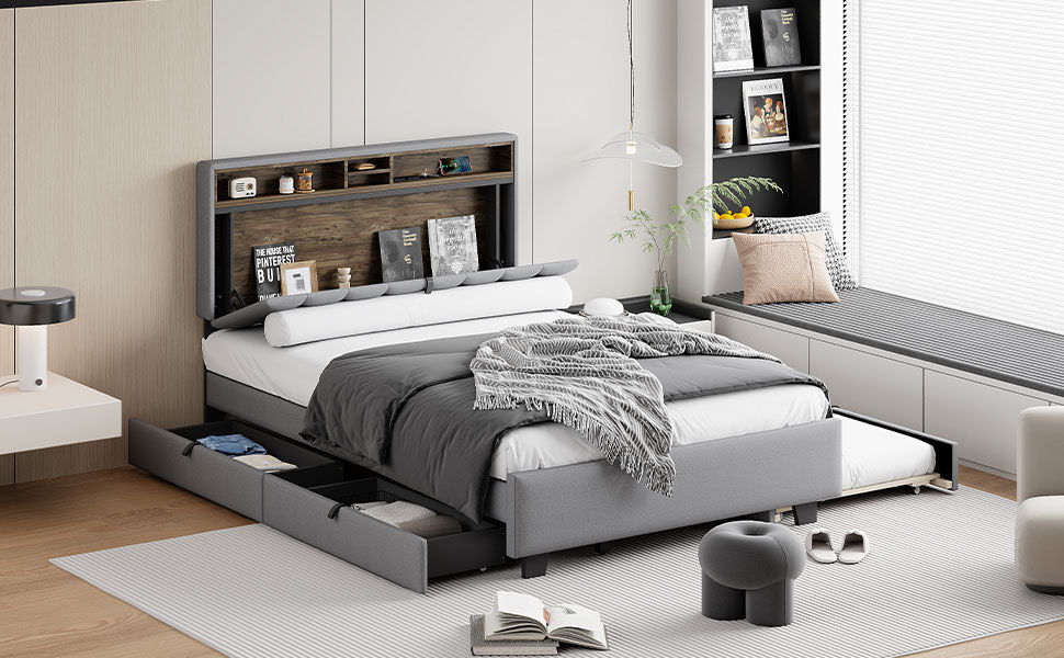 Upholstered Platform Bed With Storage Headboard, Trundle & 2 Drawers And A Set Of Sockets & USB Ports