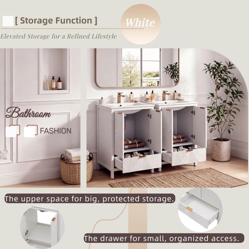48" Bathroom Vanity Set With Textured Door Panels, Soft Close Hinges, Single Faucet Hole, Large Storage & Drawer - White