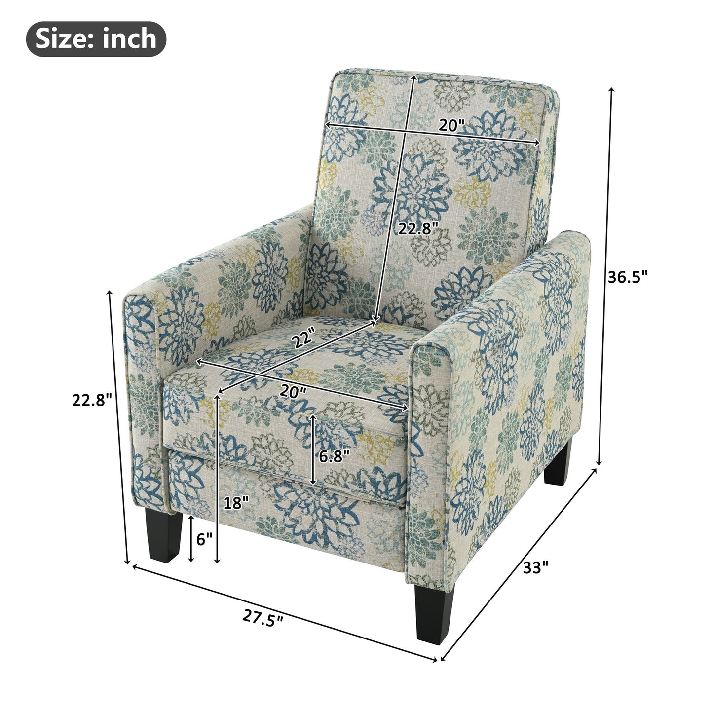 Upholstered Push Back Recliner Chair For Living Room - Blue