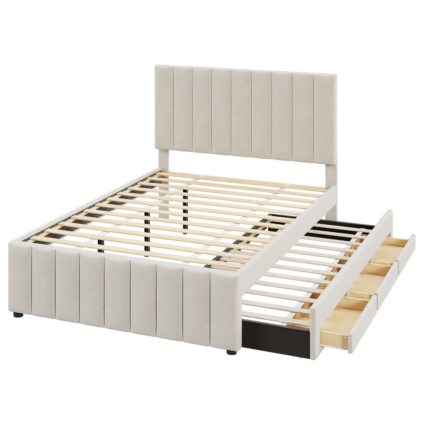 Upholstered Platform Bed With Twin Size Trundle And 3 Drawers