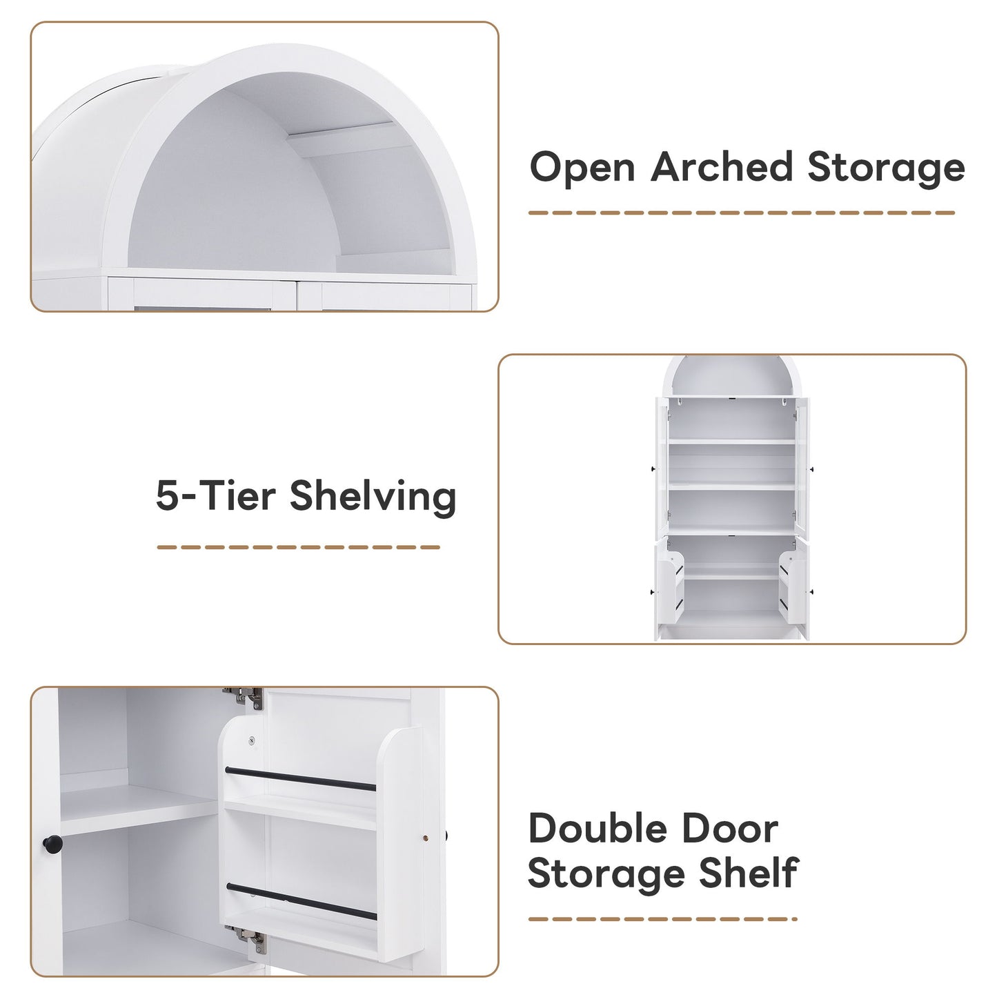 Tall Arched Top Storage Cabinet With 5 Tier Shelves, Soft Close Hinges
