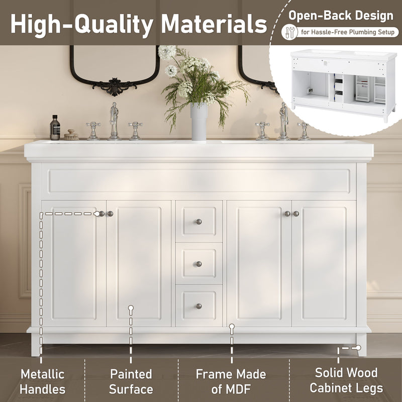 Bathroom Vanity With Double Sinks, 3 Drawers & 4 Doors - White