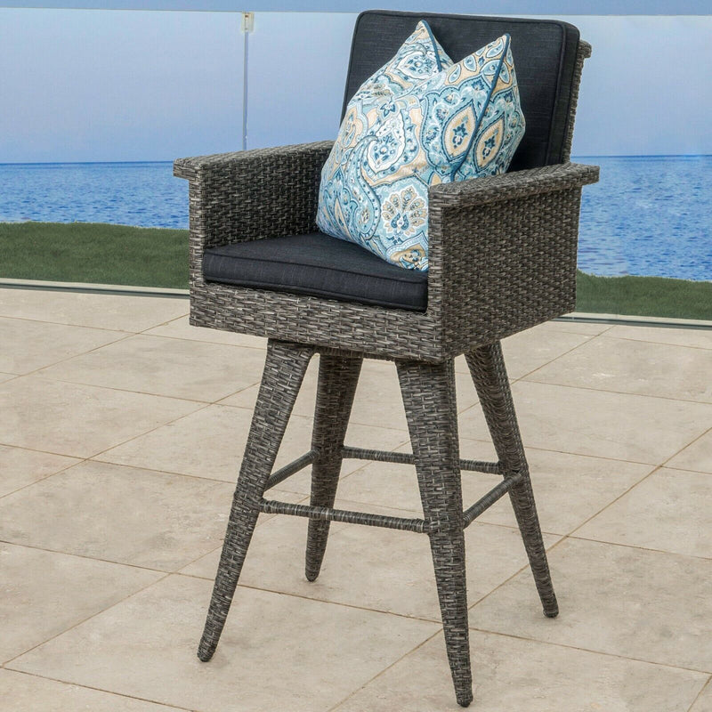 Outdoor Rattan Swivel Barstool With Water Resistant Cushion - Black / Gray