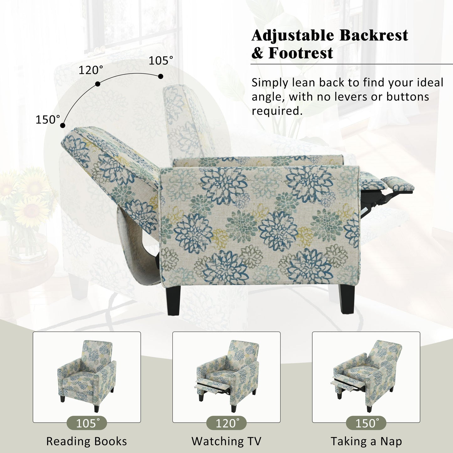 Upholstered Push Back Recliner Chair For Living Room - Blue