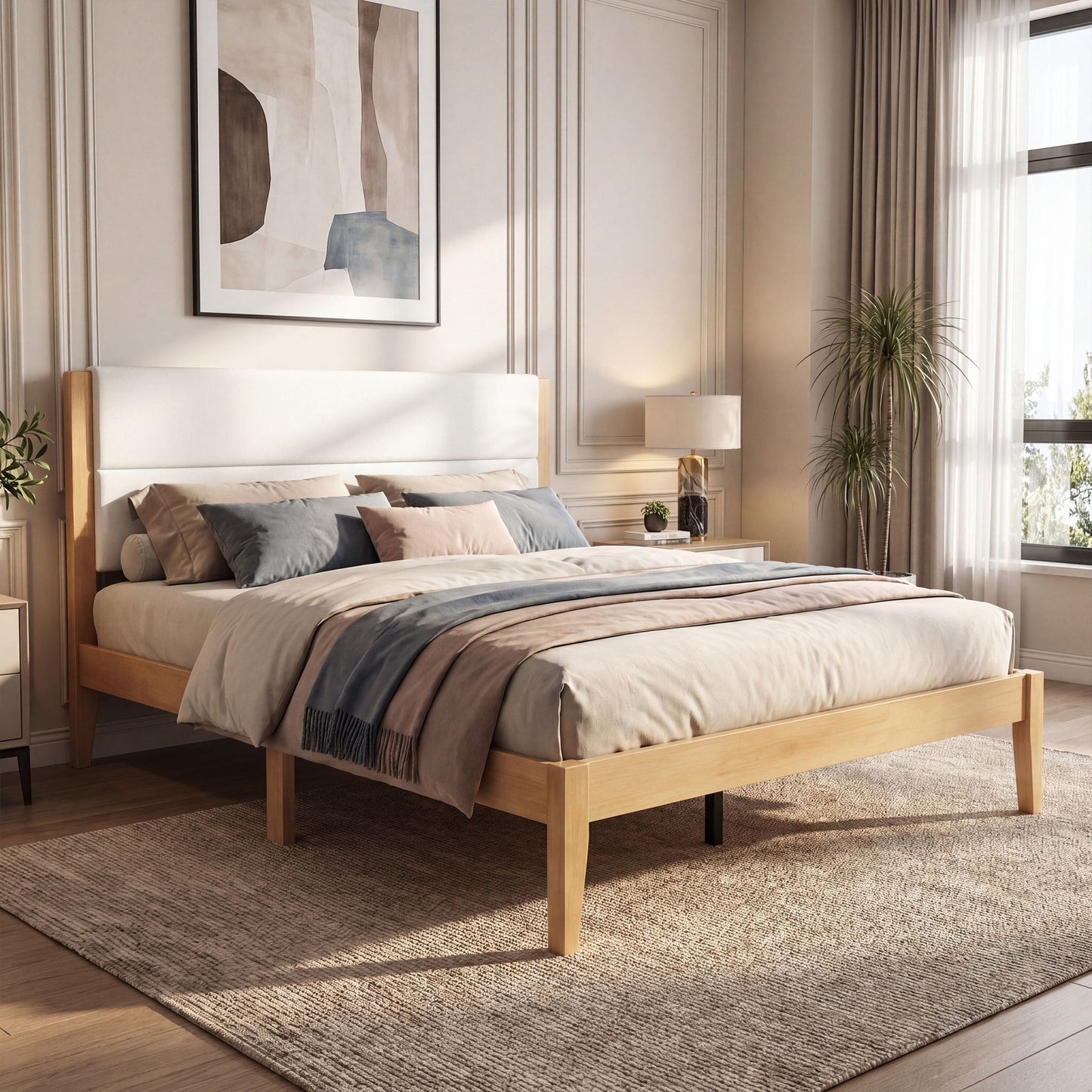 Platform Bed Frame With Upholstered Headboard, Slat Support