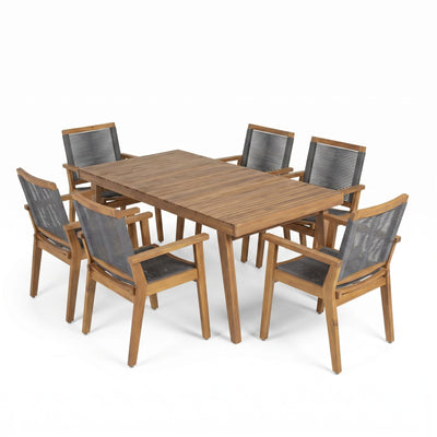 7 Piece Outdoor Patio Dining Set With Table And 6 Arm Chairs - Brown / Dark Gray / Teak