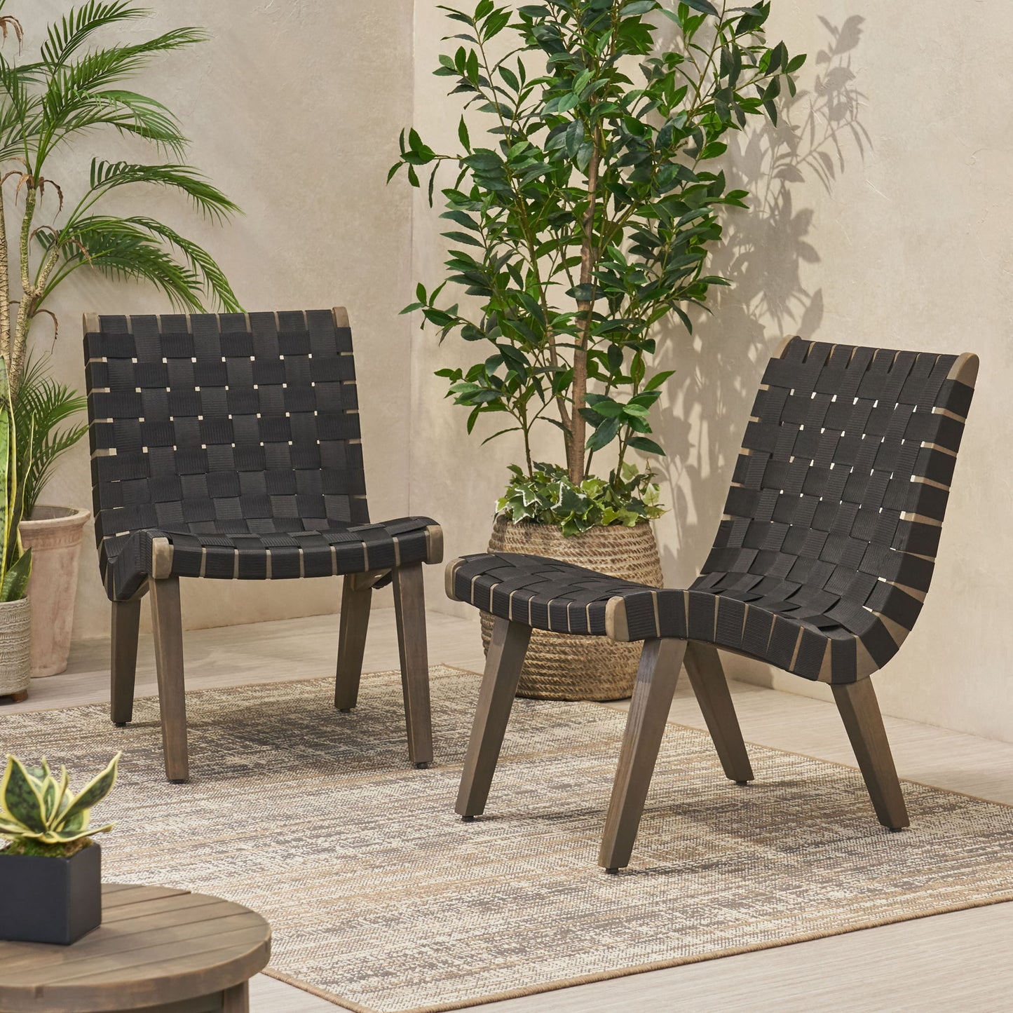 Lounge Chair With Stunning Rope Weave Design, (Set of 2) - Black