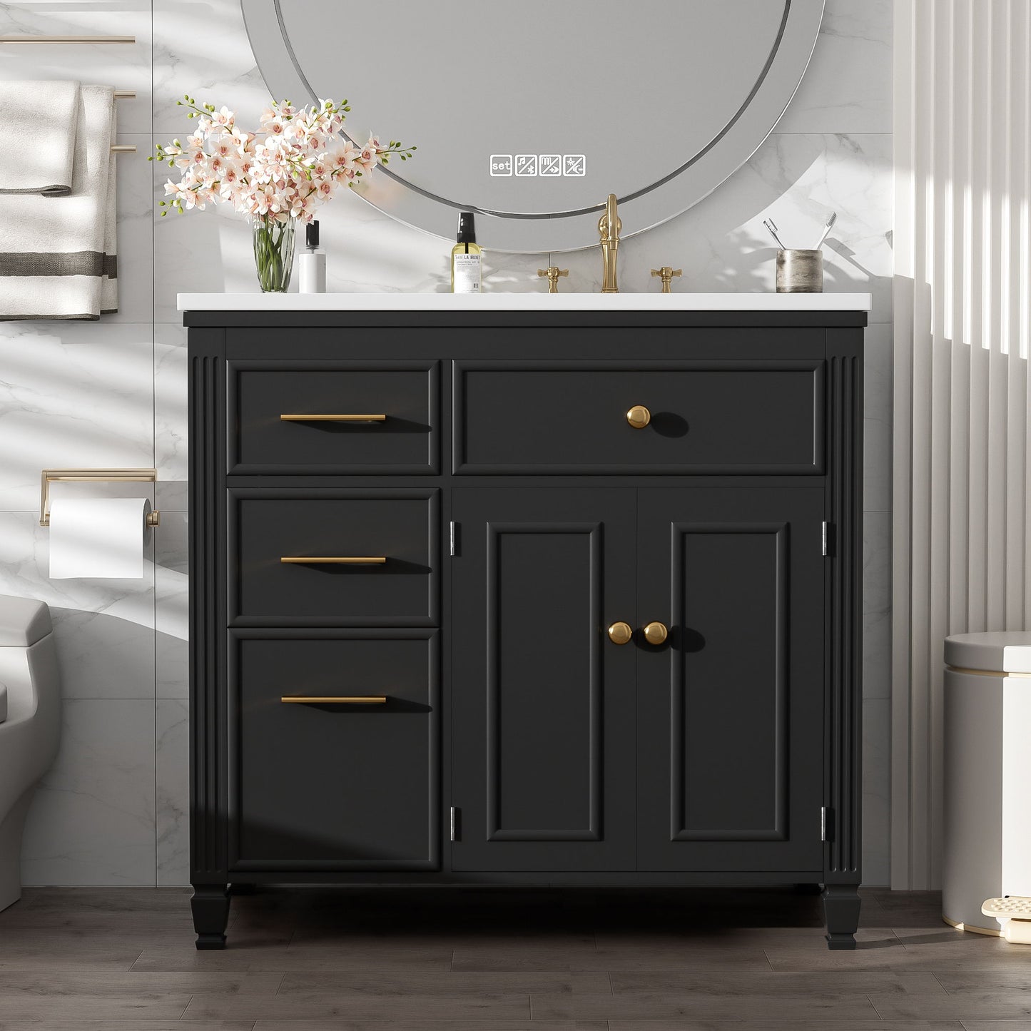 Bathroom Vanity With Sink, 1 Tip Out Drawer, 3 Side Drawers, Adjustable Shelf