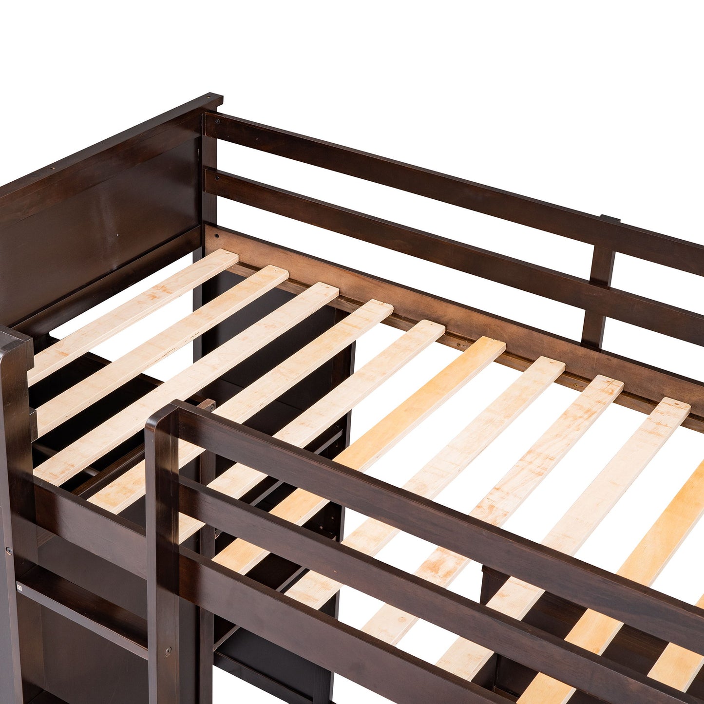 Loft Bed With A Stand Alone Bed, Shelves, Desk, And Wardrobe