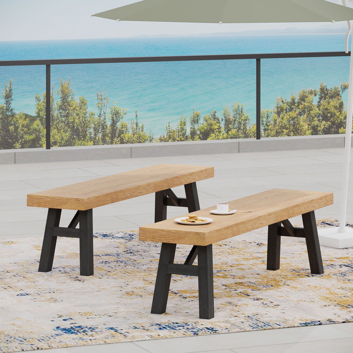 Outdoor Bench With Slat Panel Design And Acacia Wood Frame