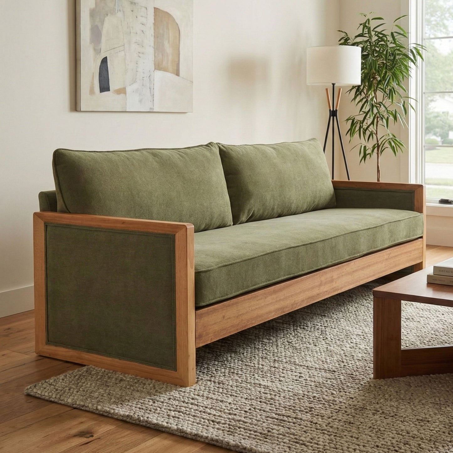 Modern 3 Seater Sofa With Wood Armrests
