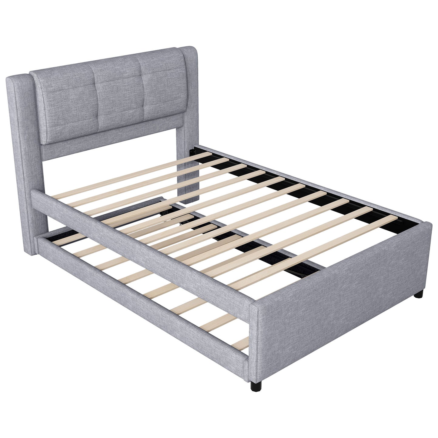 Upholstery Platform Bed With Trundle, Trundle Can Be Flat Or Erected