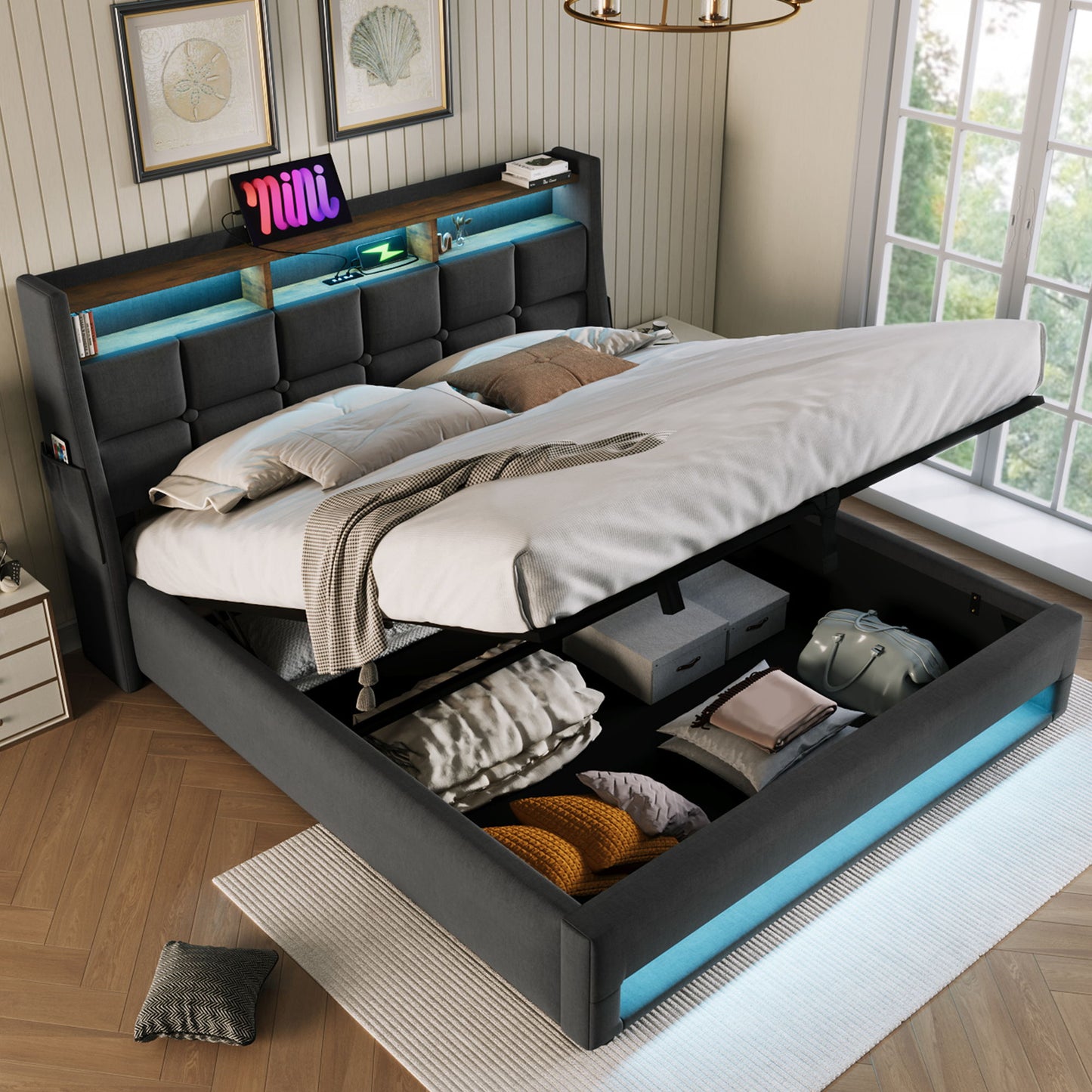 Upholstered Platform Bed With A Hydraulic Storage System, LED And USB Charging (Without Mattress)