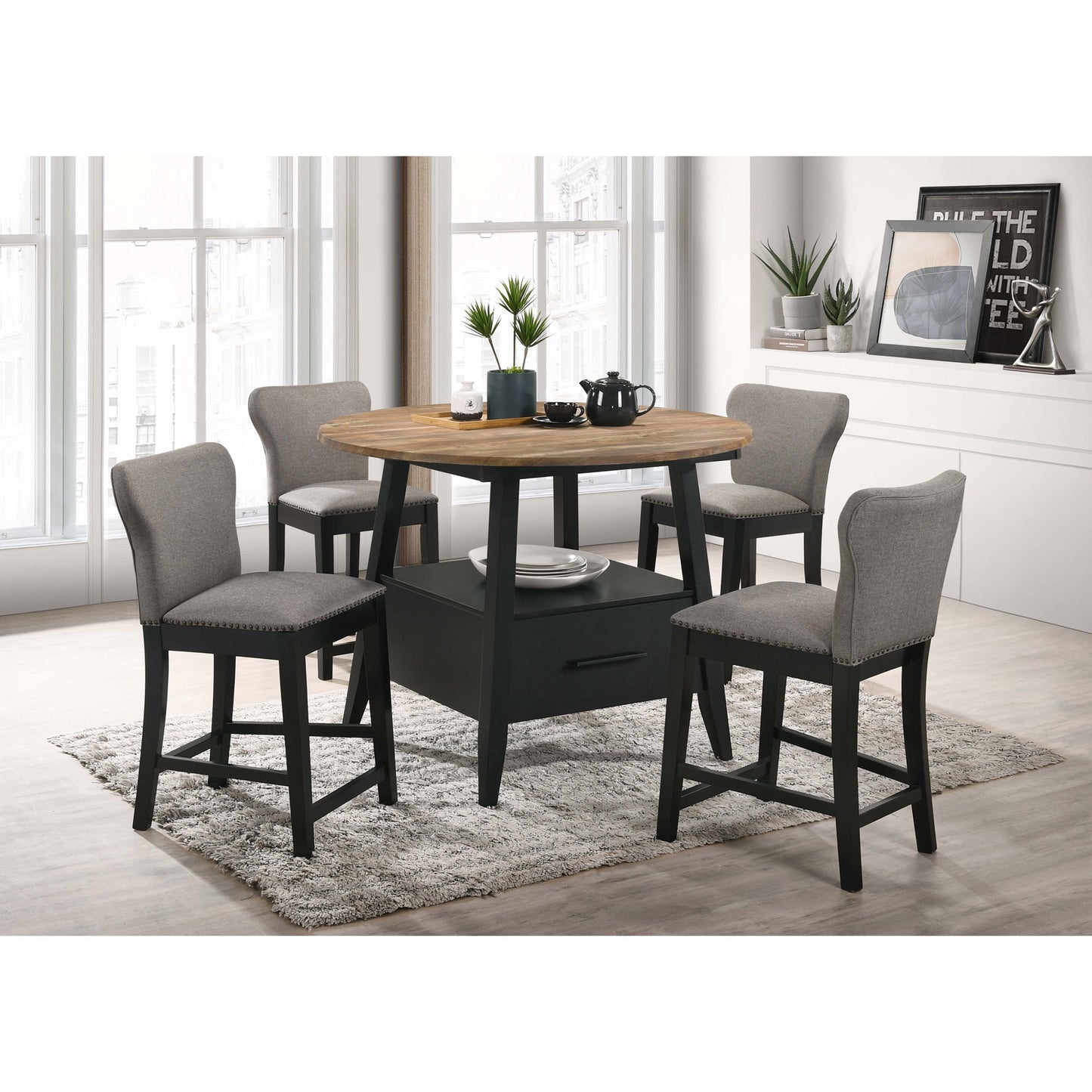 Arunda Yukon - Round Counter Height Dining Table With Pedestal Base And Built In Drawer - Oak
