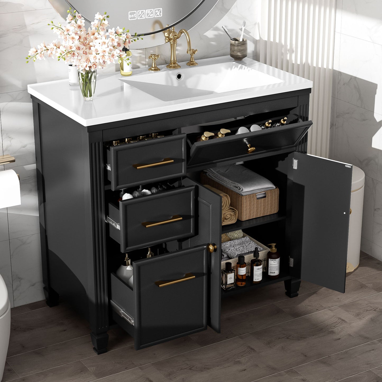 Bathroom Vanity With Sink, 1 Tip Out Drawer, 3 Side Drawers, Adjustable Shelf