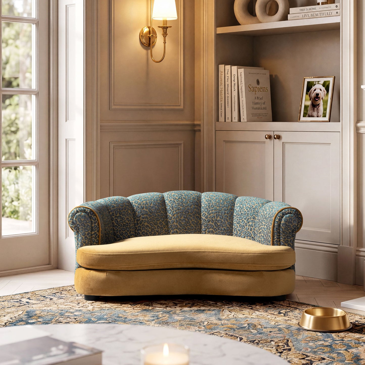 Halle - Rolled Arm Dog Sofa Bed - Gold / Blue