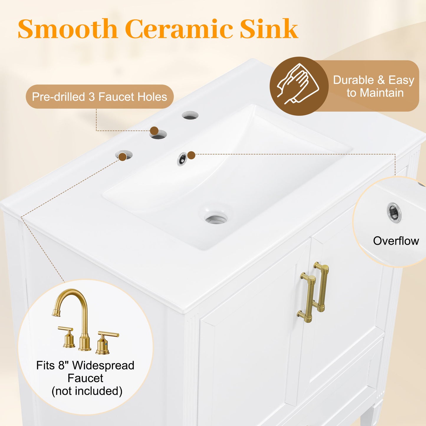 Elegant Fluted Bathroom Vanity With Sink, Soft Close Doors & Drawer