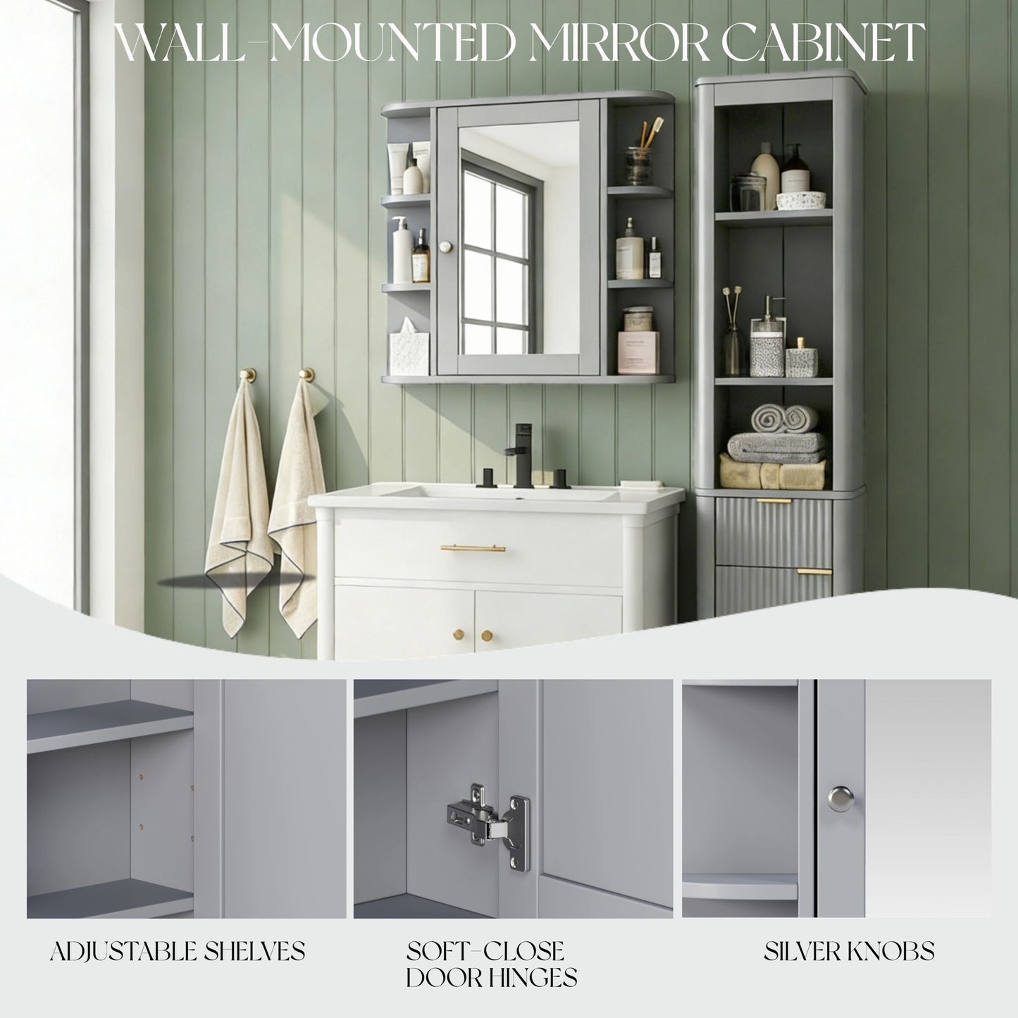 Bathroom Wall Storage Cabinet With Mirror And Adjustable Shelf, 6 Open Shelves