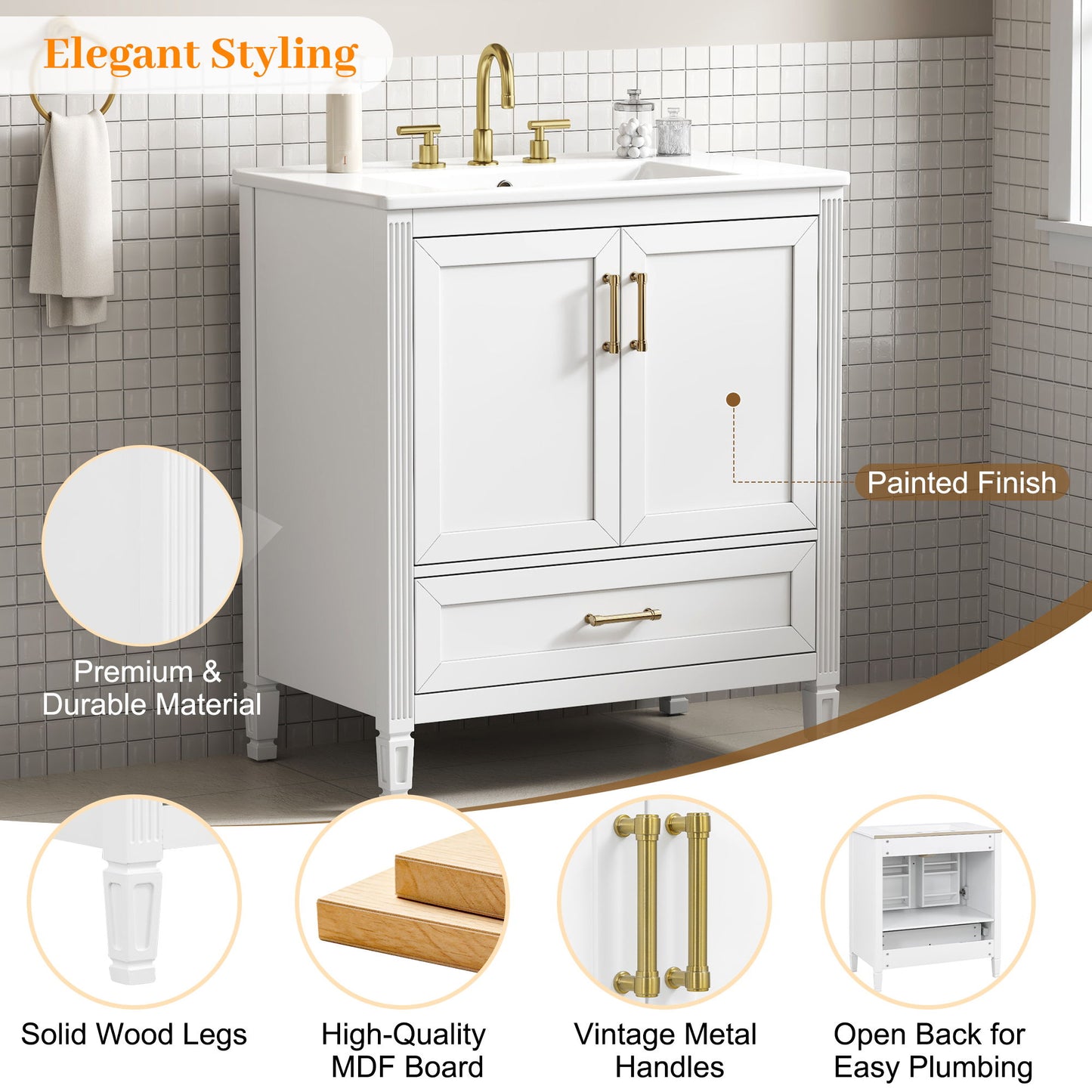 Elegant Fluted Bathroom Vanity With Sink, Soft Close Doors & Drawer