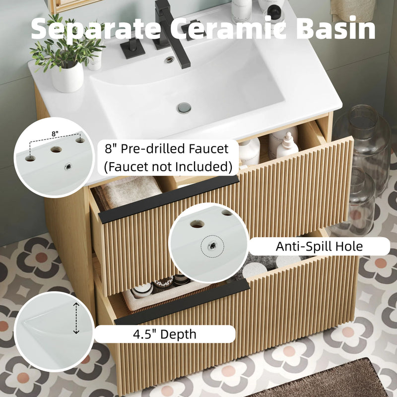 Fluted Bathroom Vanity With Ceramic Sink, Soft Close Slides