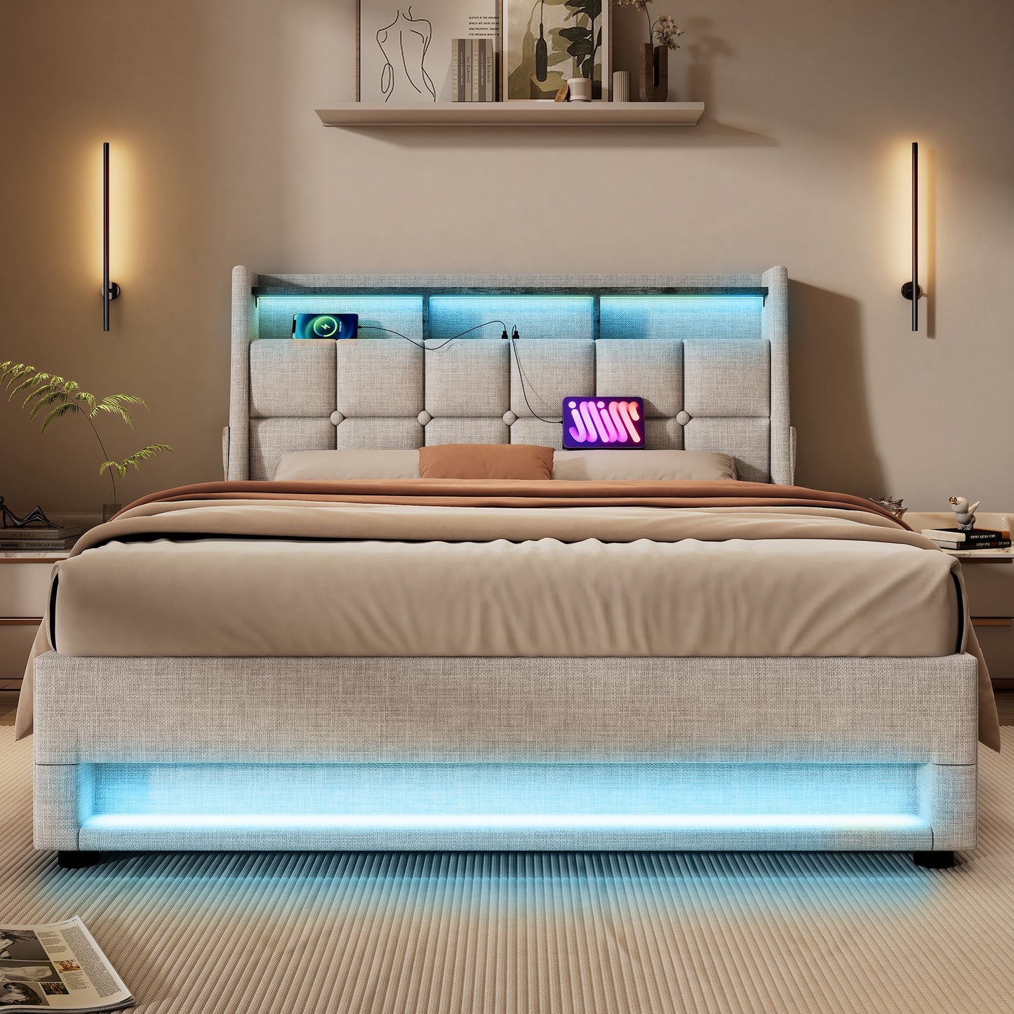 Platform Bed With Hydraulic Storage, LED Lighting & Charging Station